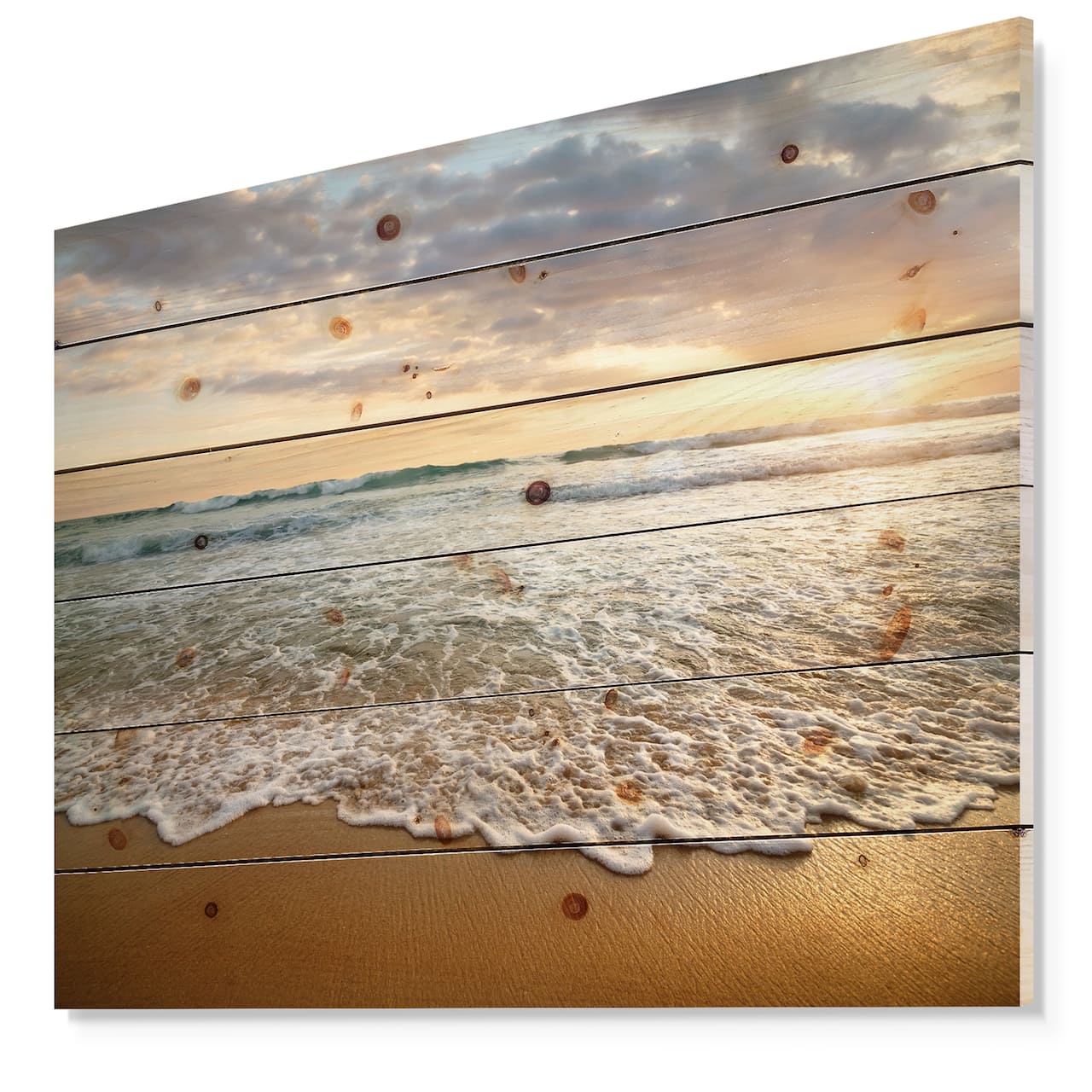 Designart - Bright Cloudy Sunset in Calm Ocean - Seashore Print on Natural Pine Wood